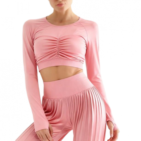 Women's Pink Ruched Long-Sleeve Crop Top and Pleated Flared Pants Set