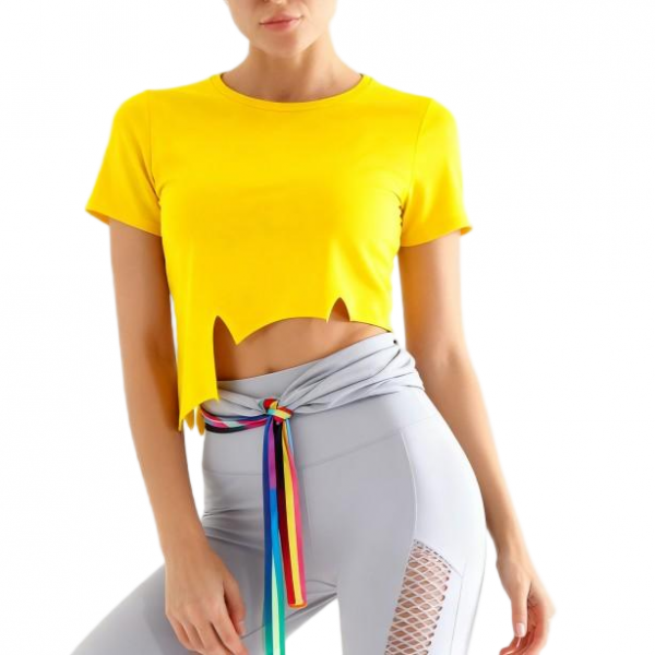 Women's Yellow Irregular Crop Top with Grey Mesh-Panel Leggings and Rainbow Drawstring
