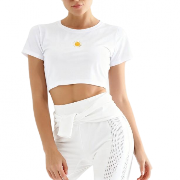 Women's White Cropped T-Shirt with Sun Embroidered and White Flared Pants Set